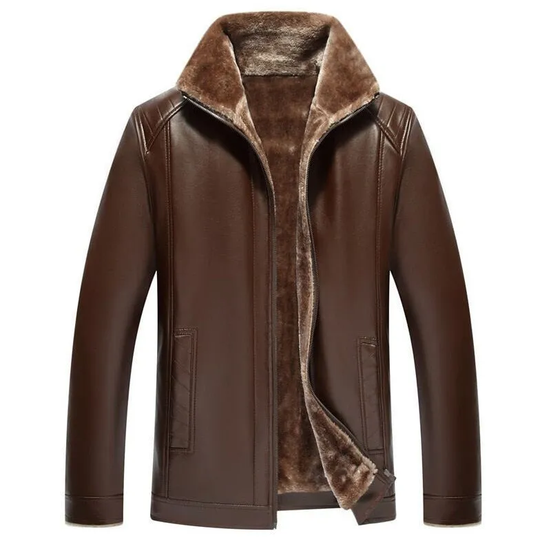 Windproof Winter Fur Collar Zipper Thick Leather Jacket