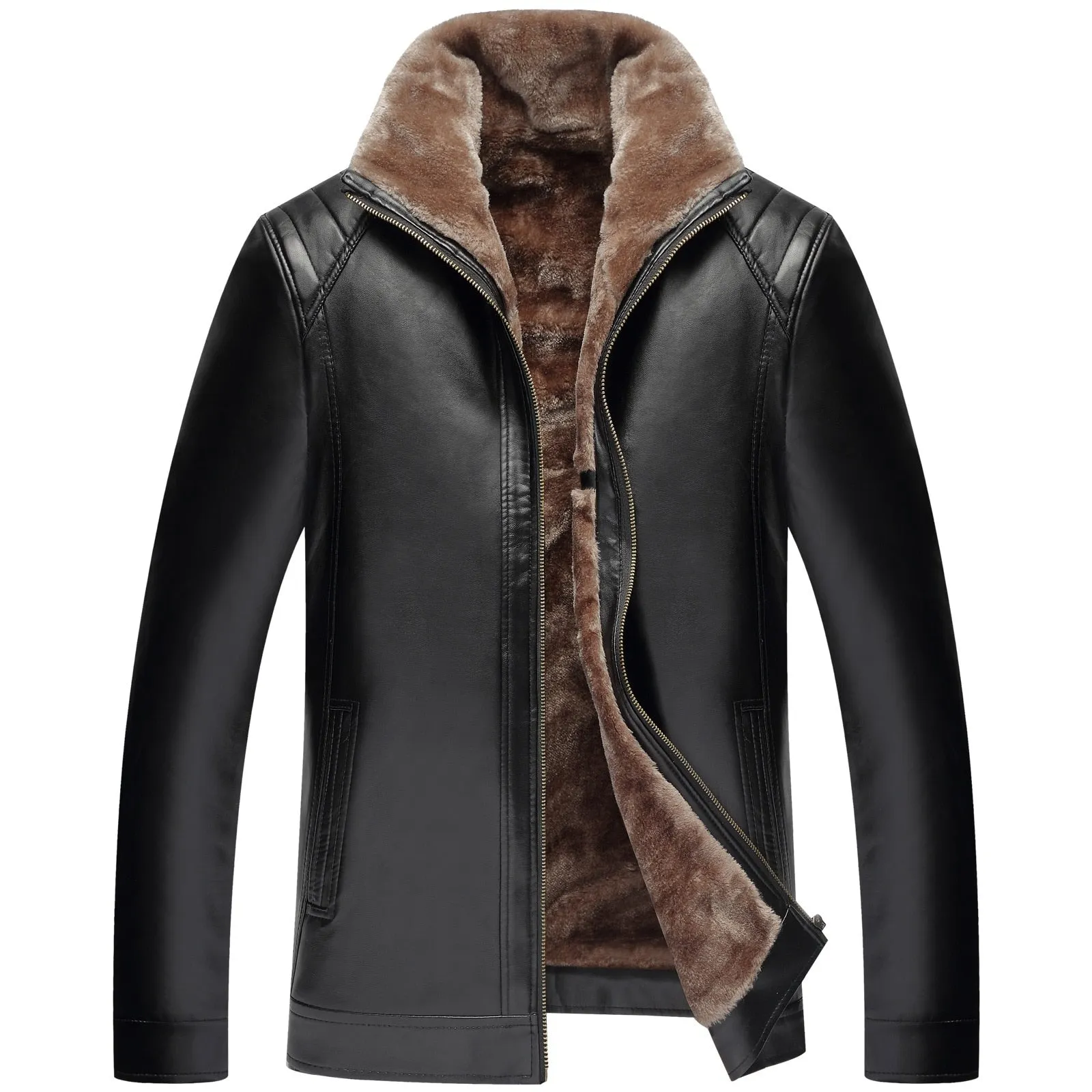 Windproof Winter Fur Collar Zipper Thick Leather Jacket