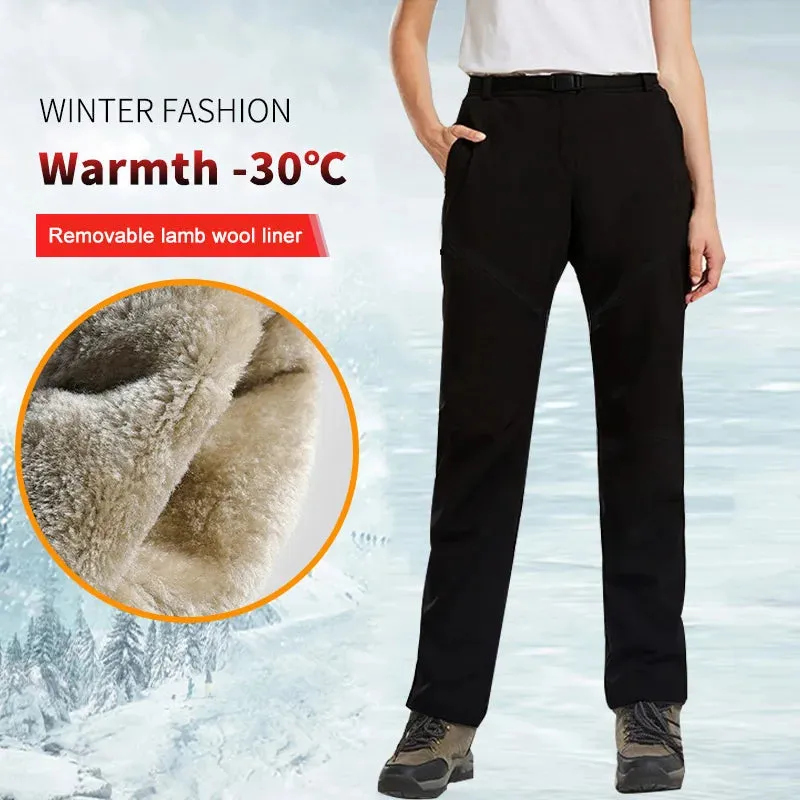 Winter Men Women Thermal Fleece Lined Pants Removable Inner Lambwool Warm Knee Waterproof Outdoor Hiking Snow Ski Trousers