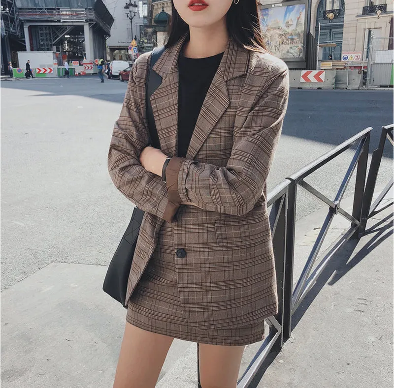 Wjczt 2022 Retro Plaid Blazer Set Single-breasted Jacket &amp; Pencil Skirt 2 Pieces Skirt Suit Female Office Ladies Blazer Suit