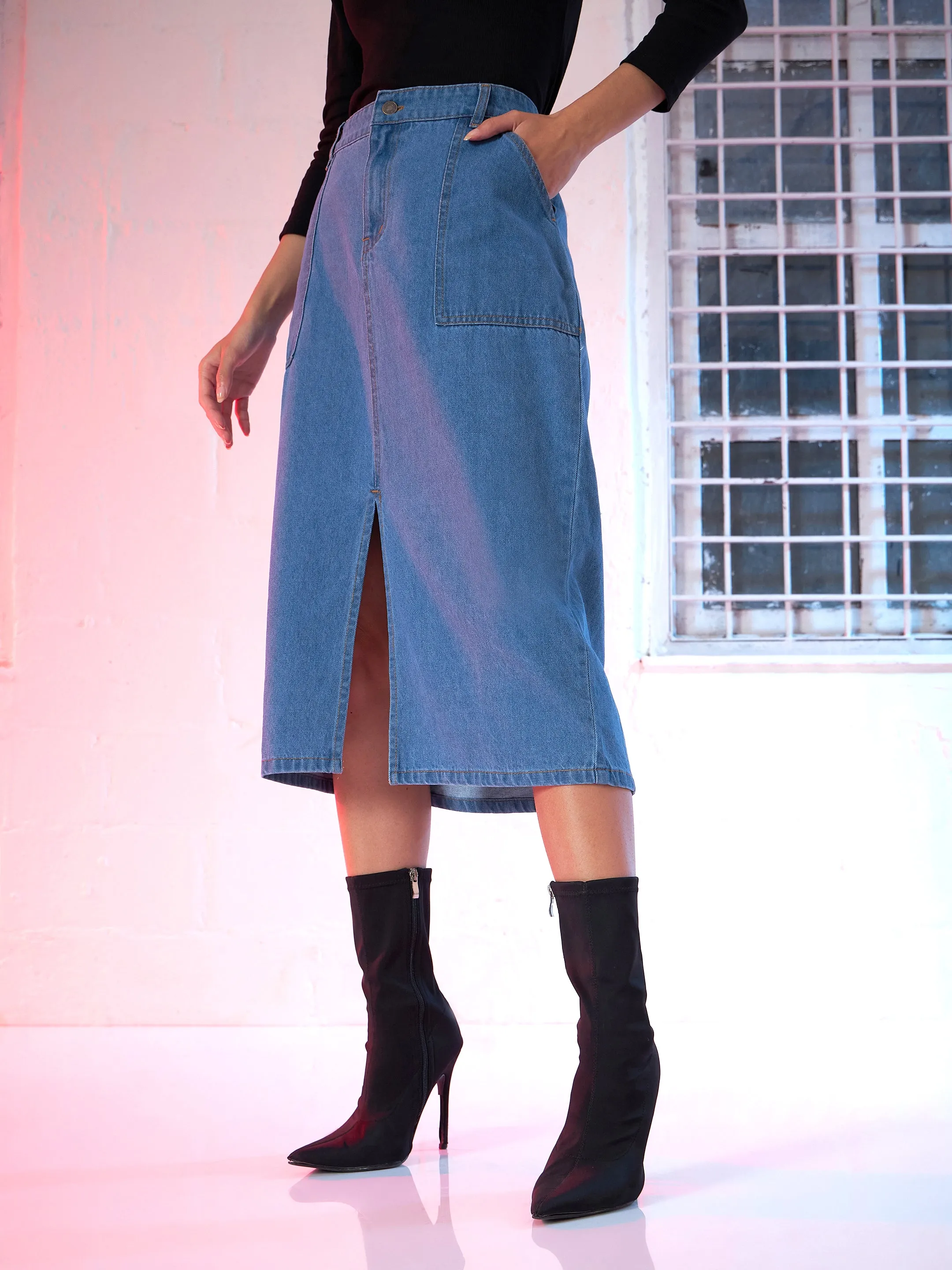 Women Blue Denim Front Slit Skirt