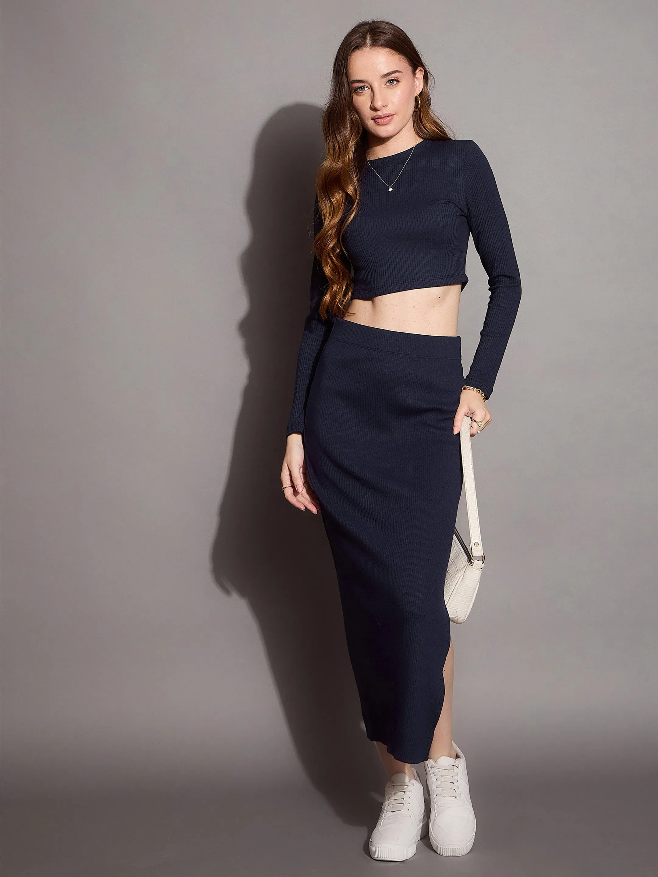 Women Navy Rib Full Sleeve Crop Top With Pencil Skirt