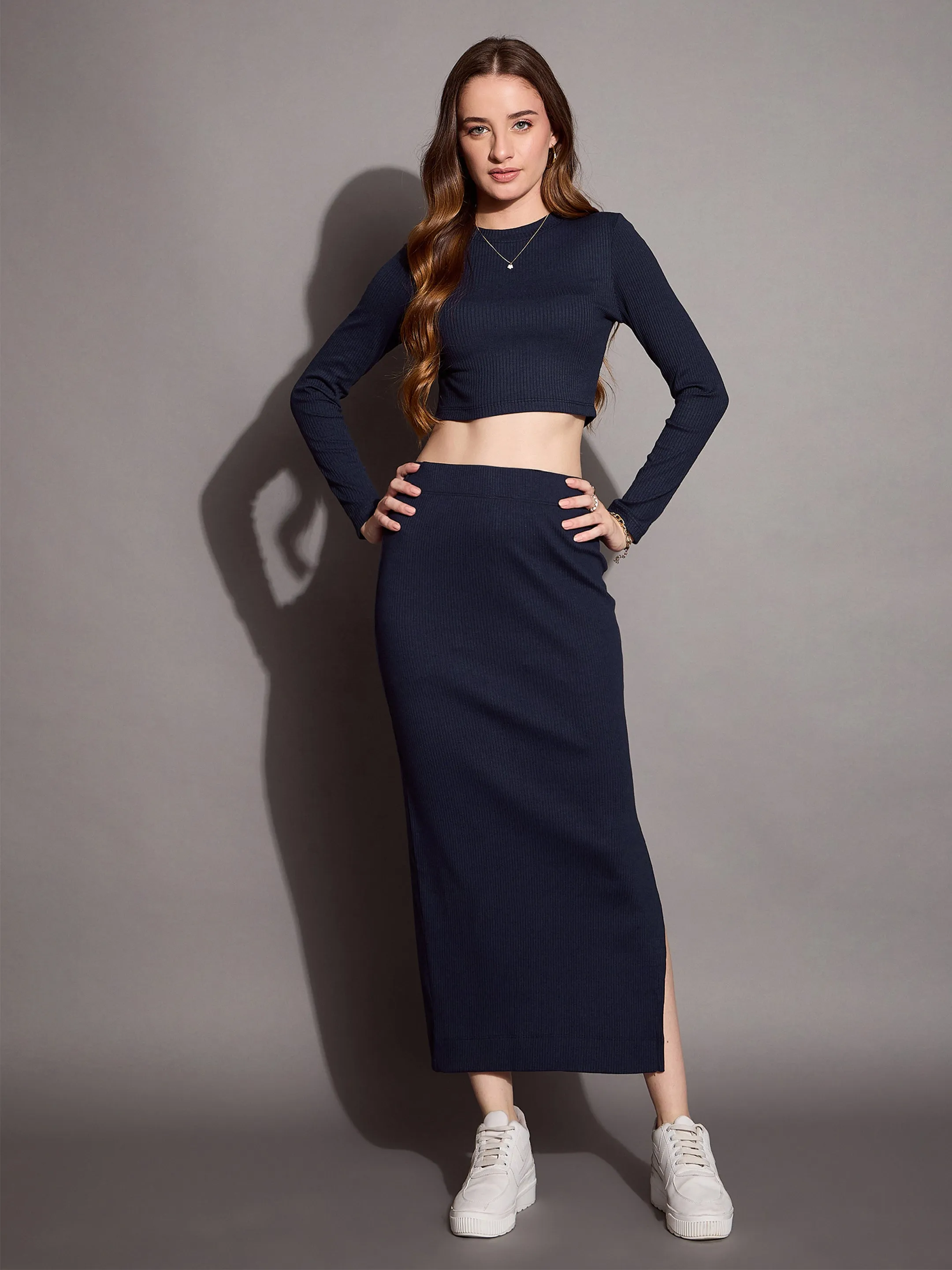 Women Navy Rib Full Sleeve Crop Top With Pencil Skirt