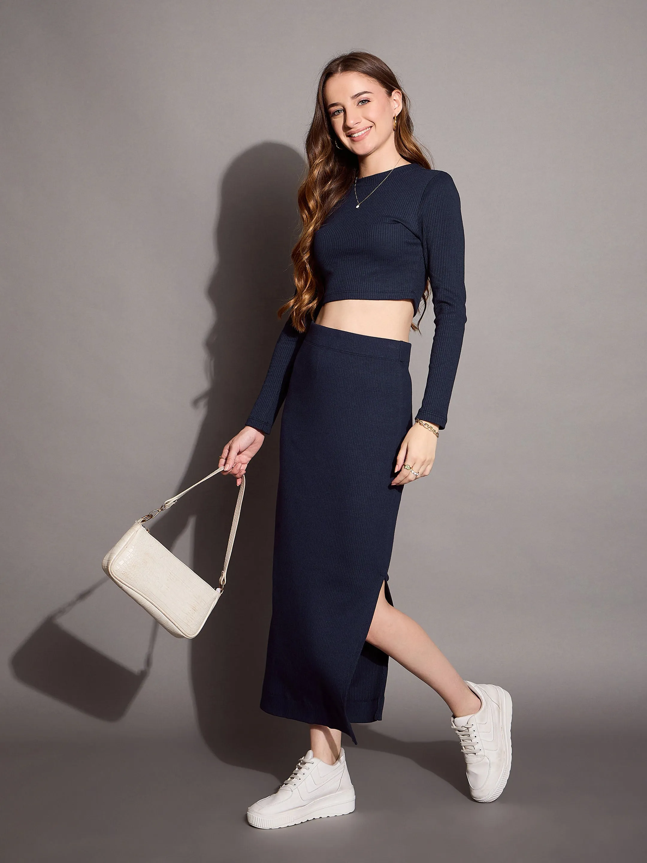 Women Navy Rib Full Sleeve Crop Top With Pencil Skirt