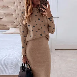 Women Skirt 2 Pieces Set Autumn Winter Casual Turtleneck Long Sleeve Loose Print Pullovers Slim Pencil Skirts Office Lady Suits