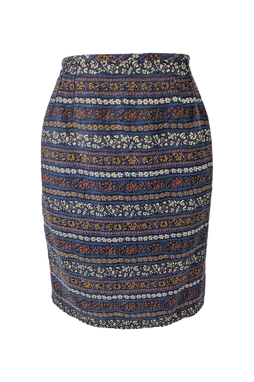 Womens Blue Vintage Brocade Pencil Skirt, 1980s