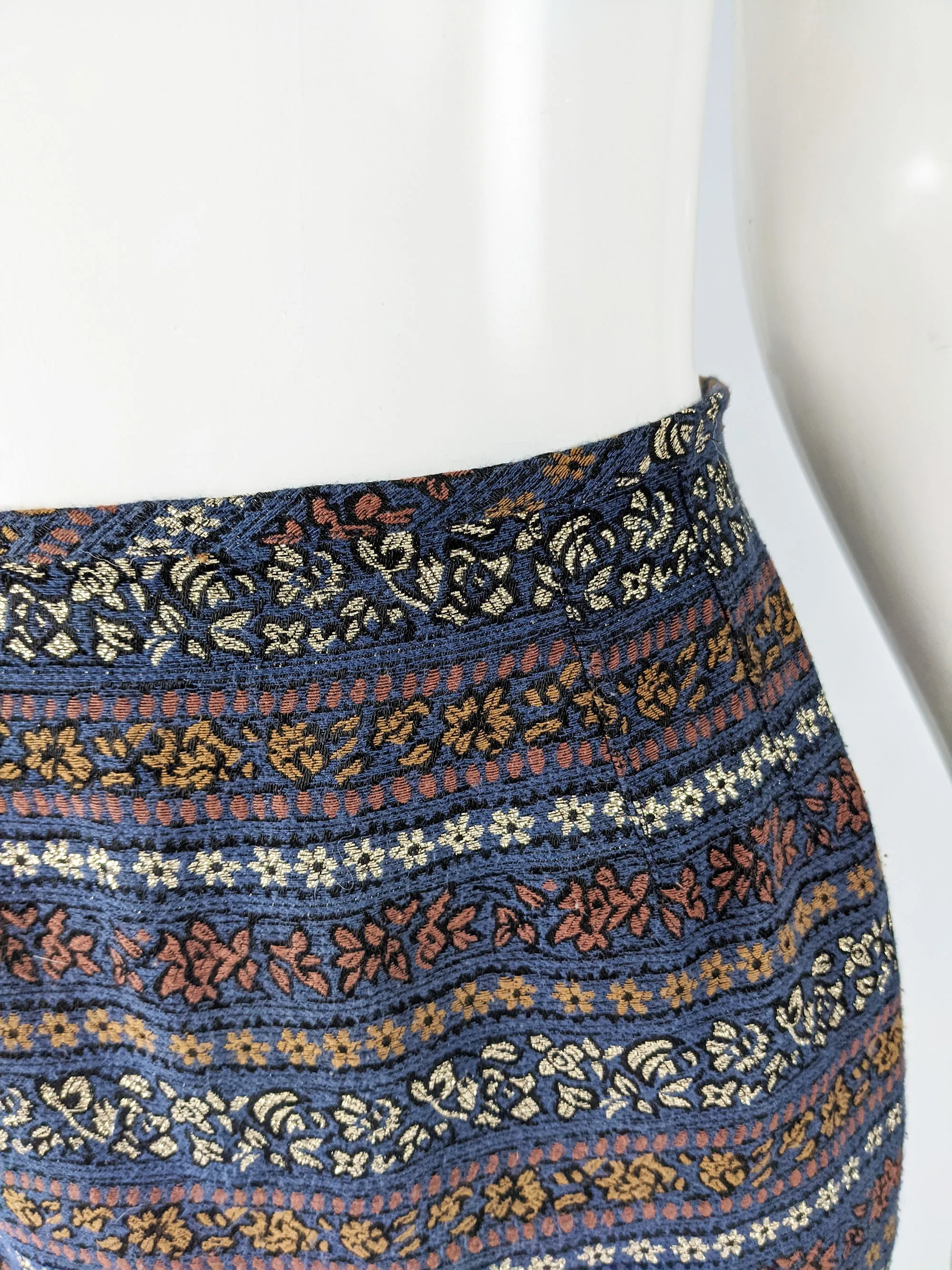 Womens Blue Vintage Brocade Pencil Skirt, 1980s