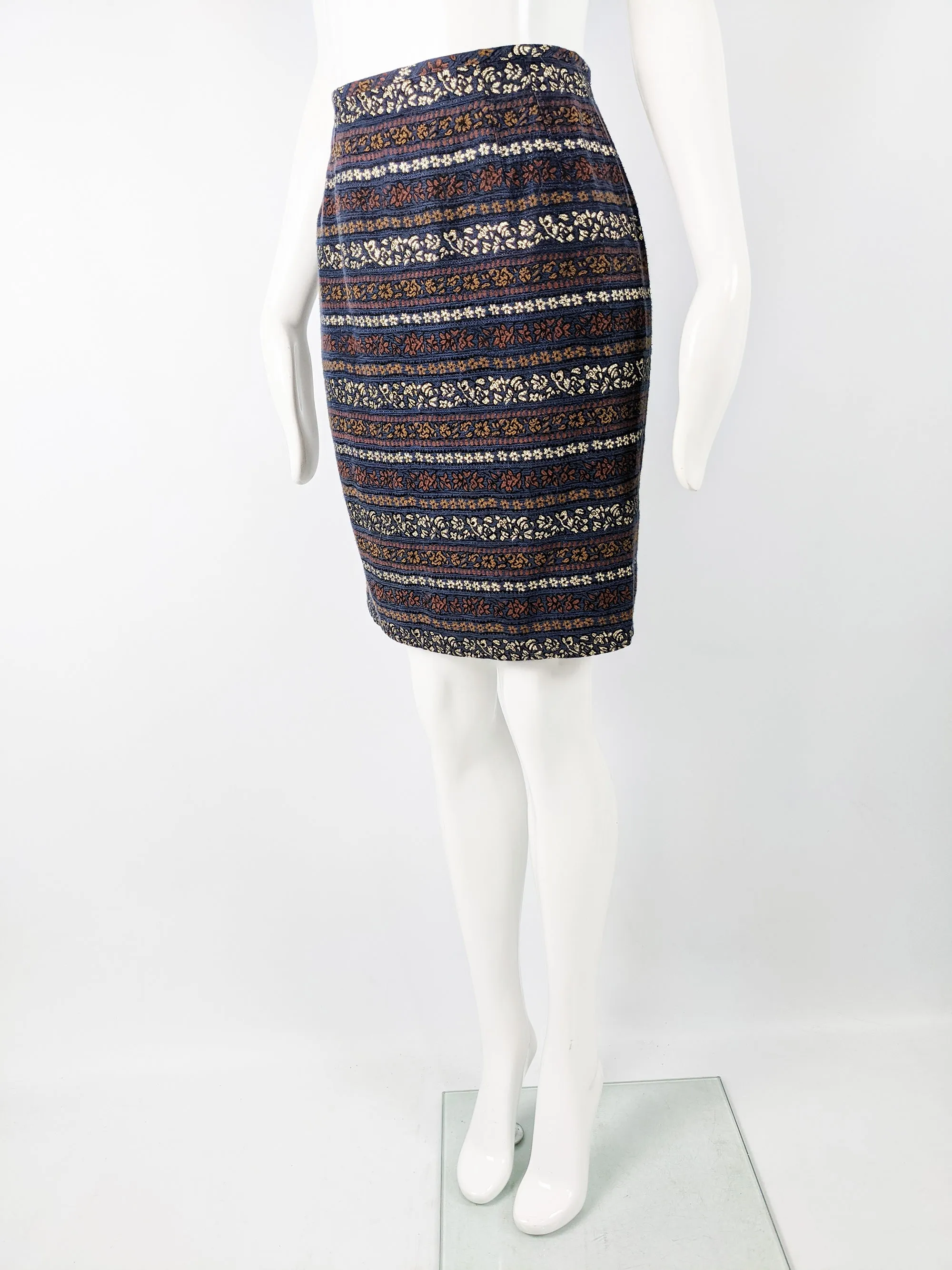 Womens Blue Vintage Brocade Pencil Skirt, 1980s