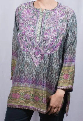 Women's Embroidered Silk Tunic Top in Purple