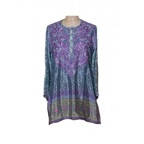 Women's Embroidered Silk Tunic Top in Purple