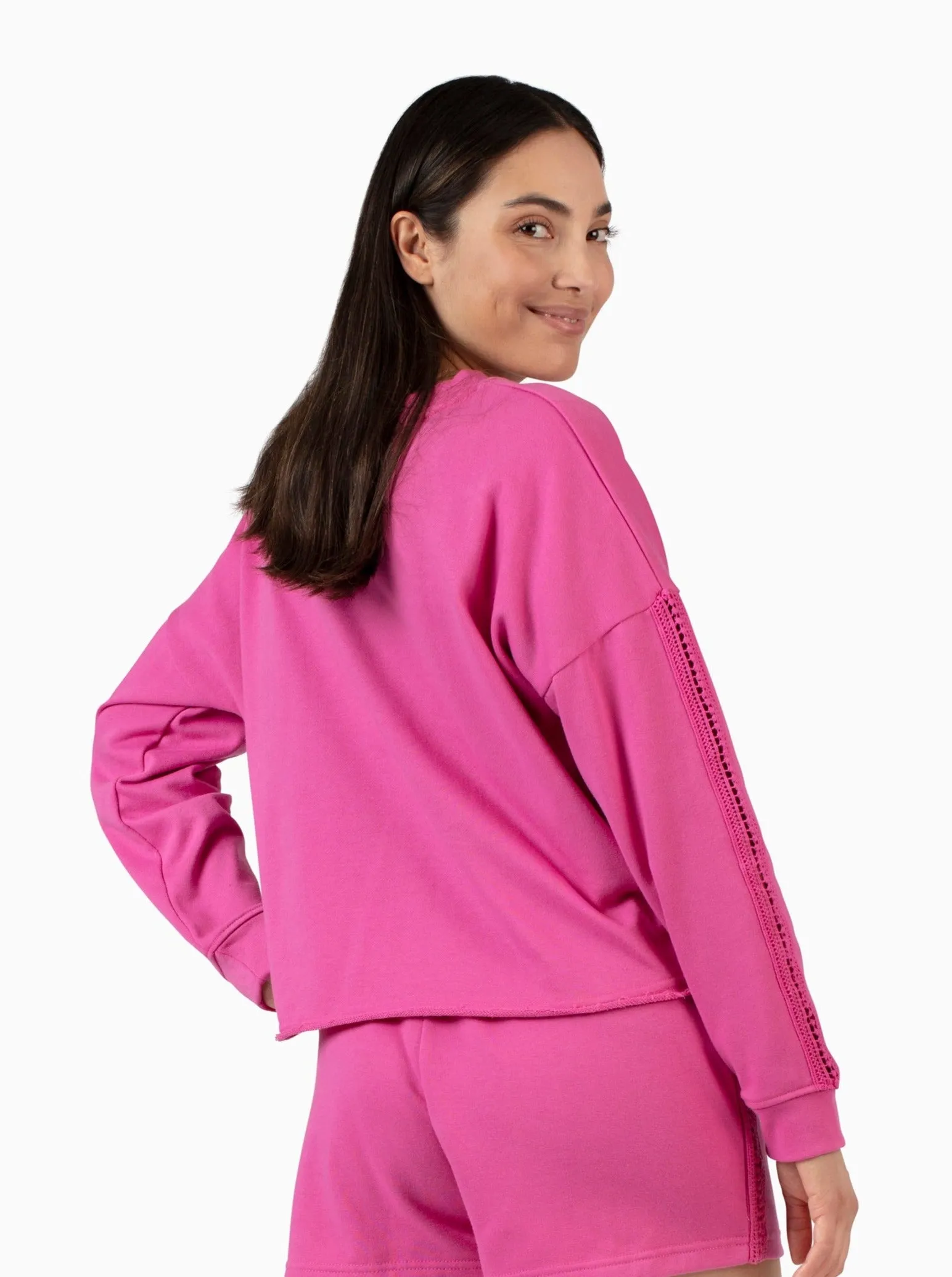 Women's French Terry Crochet Trim Sweatshirt, Hot Pink and Navy Blue