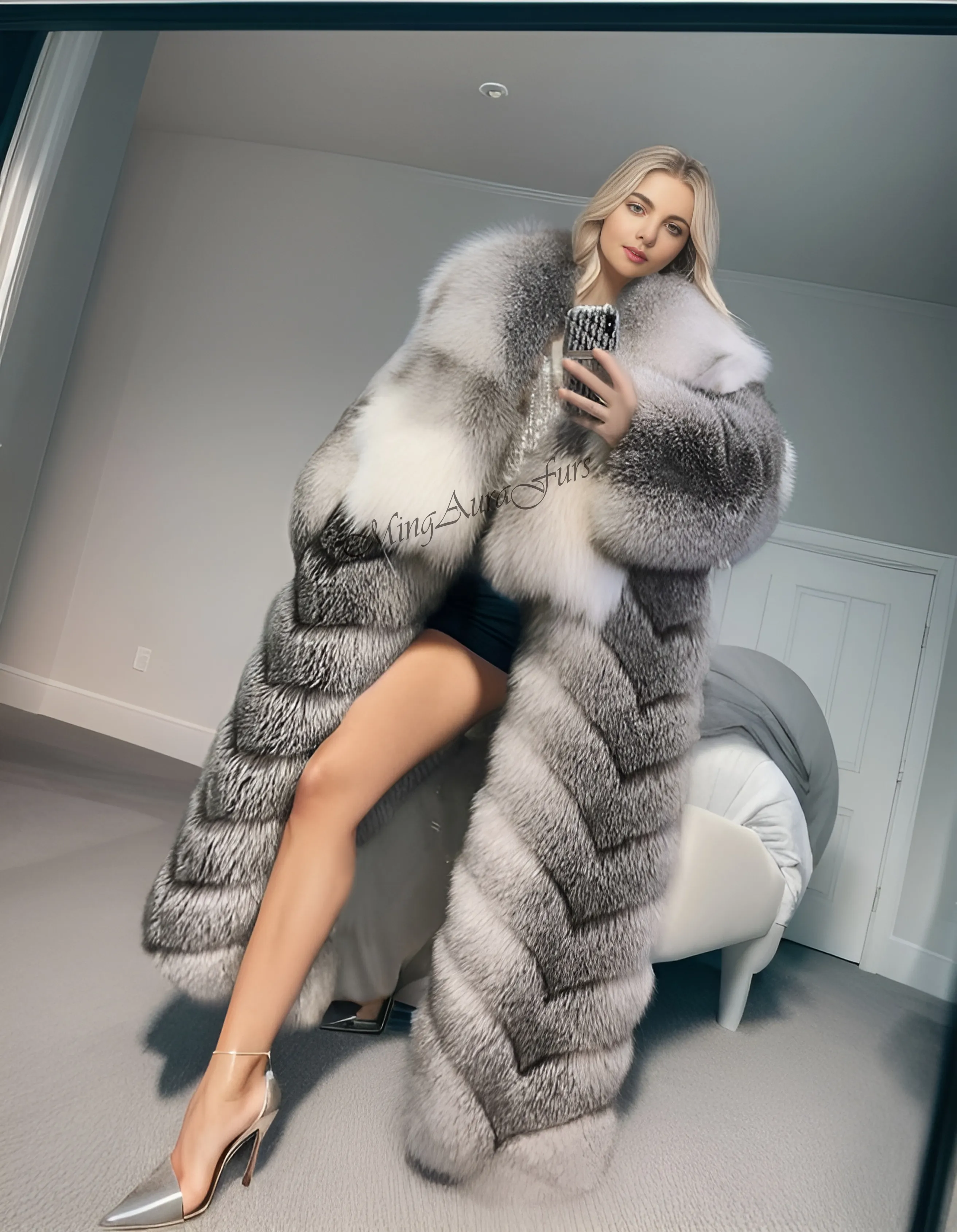 Women's Long Fox Fur Coat with Fur Collar - Shadow Blue Frost Fox - G0013