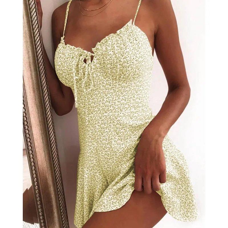 Womens Spaghetti Strap Sleeveless Floral Print Sexy Dress