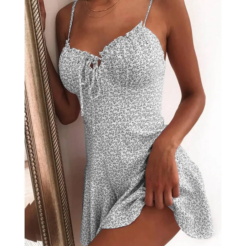 Womens Spaghetti Strap Sleeveless Floral Print Sexy Dress
