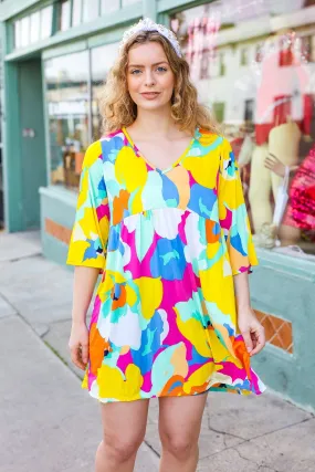 Yellow Floral V Neck Babydoll Dress